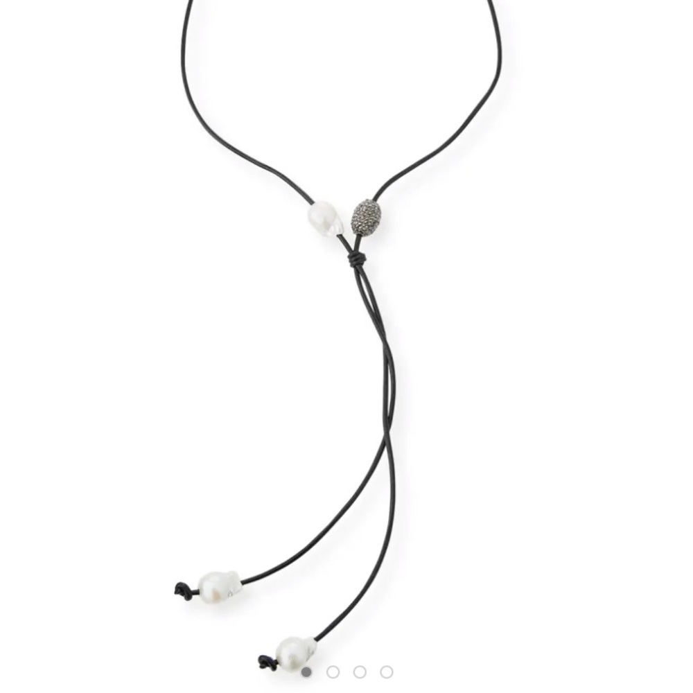 MARGO MORRISON BAROQUE PEARL PAVE’ & LEATHER LARIAT NECKLACE